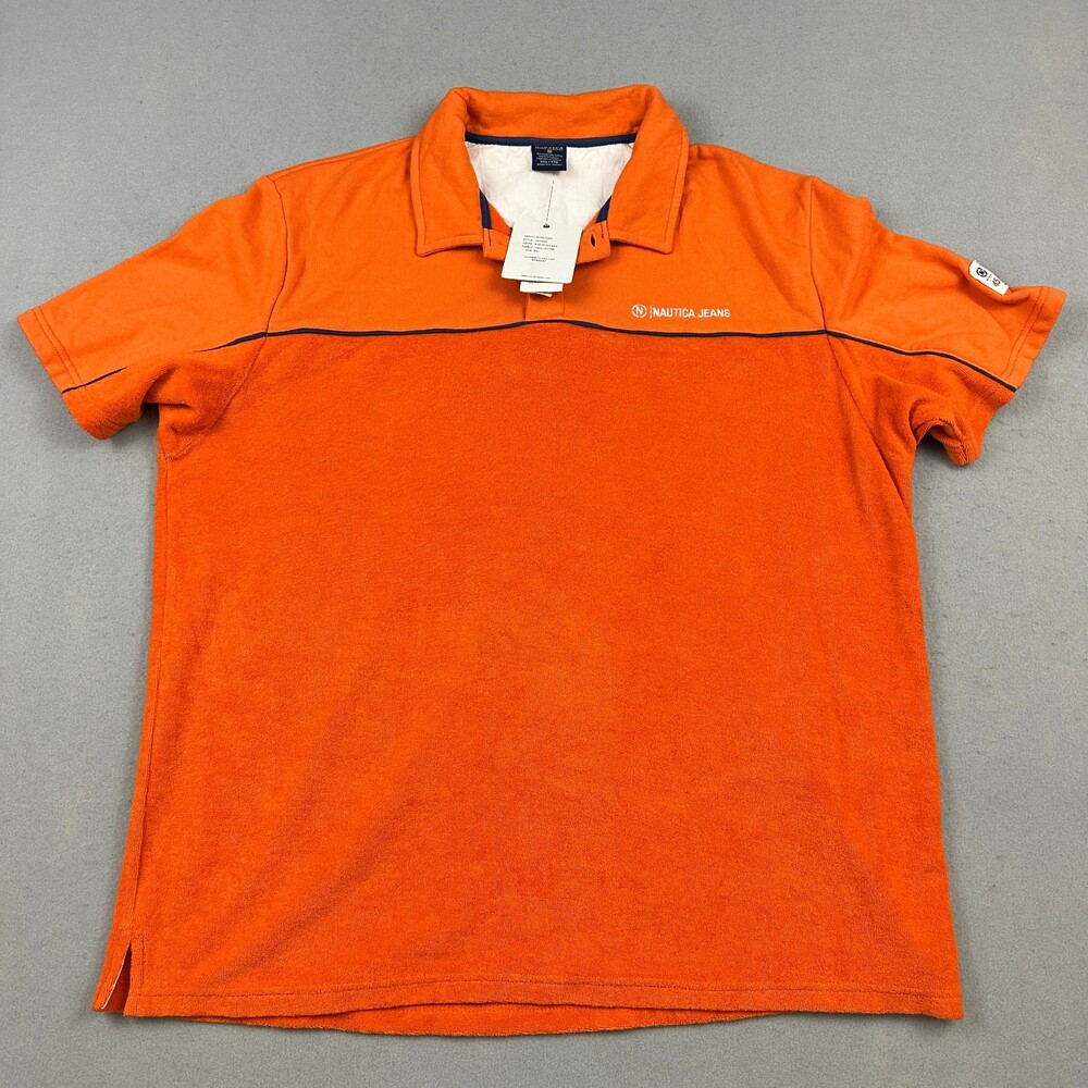 Nautica Jean Polo Shirt Men 2XL Orange Short Sleeve Terry Cloth Colorblock XXL